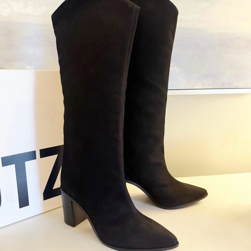 NWT Shultz Classic Black Pointed-Toe Knee Boots with Block Heel